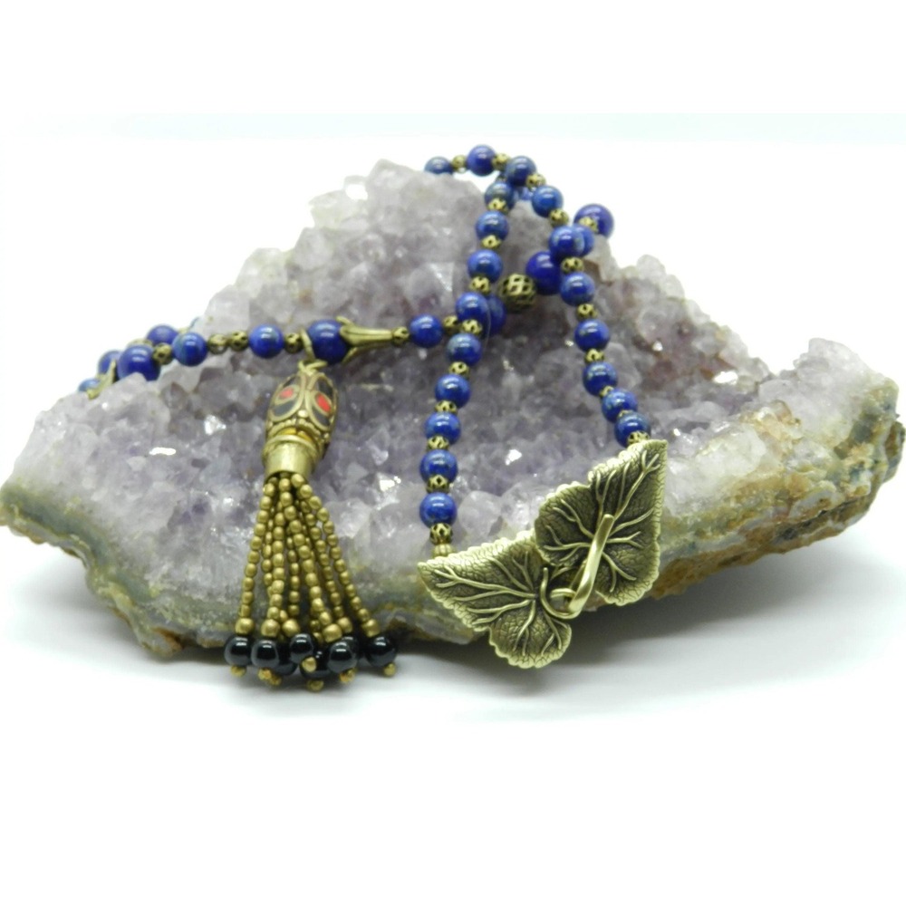 Lapis Lazuli Beaded Necklace with Tassel & Leaf Charm, Vintage Style